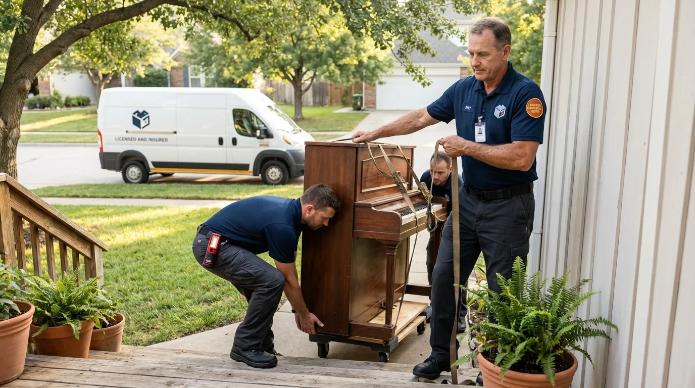 Licensed piano movers securing grand piano in Cumberland, VA