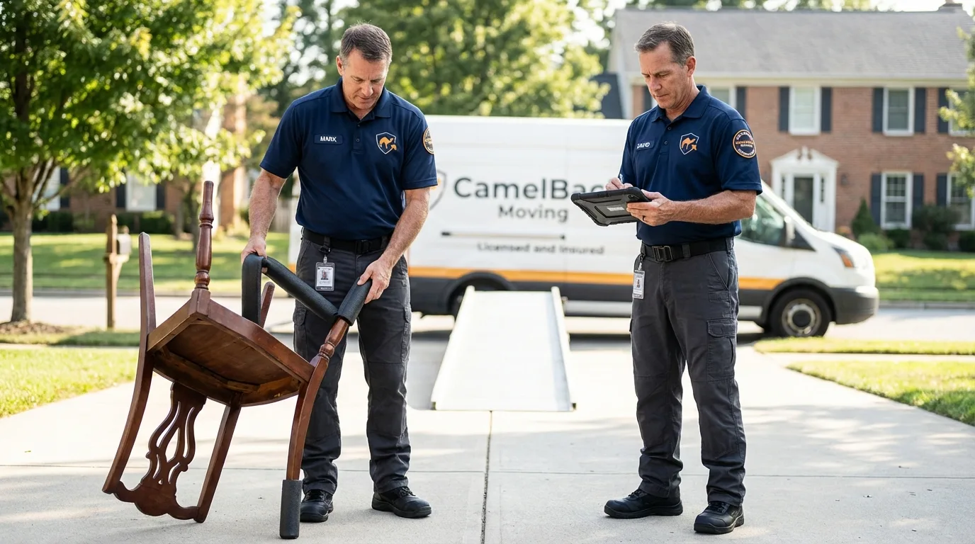 Movers inspecting furniture for damage prevention before loading in Cumberland, VA