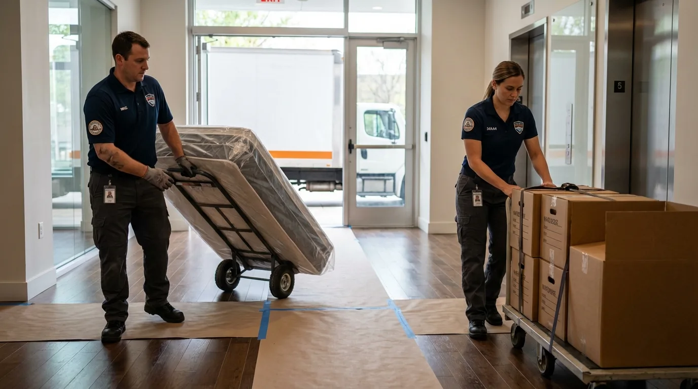 Professional apartment movers loading elevator in Cumberland, VA